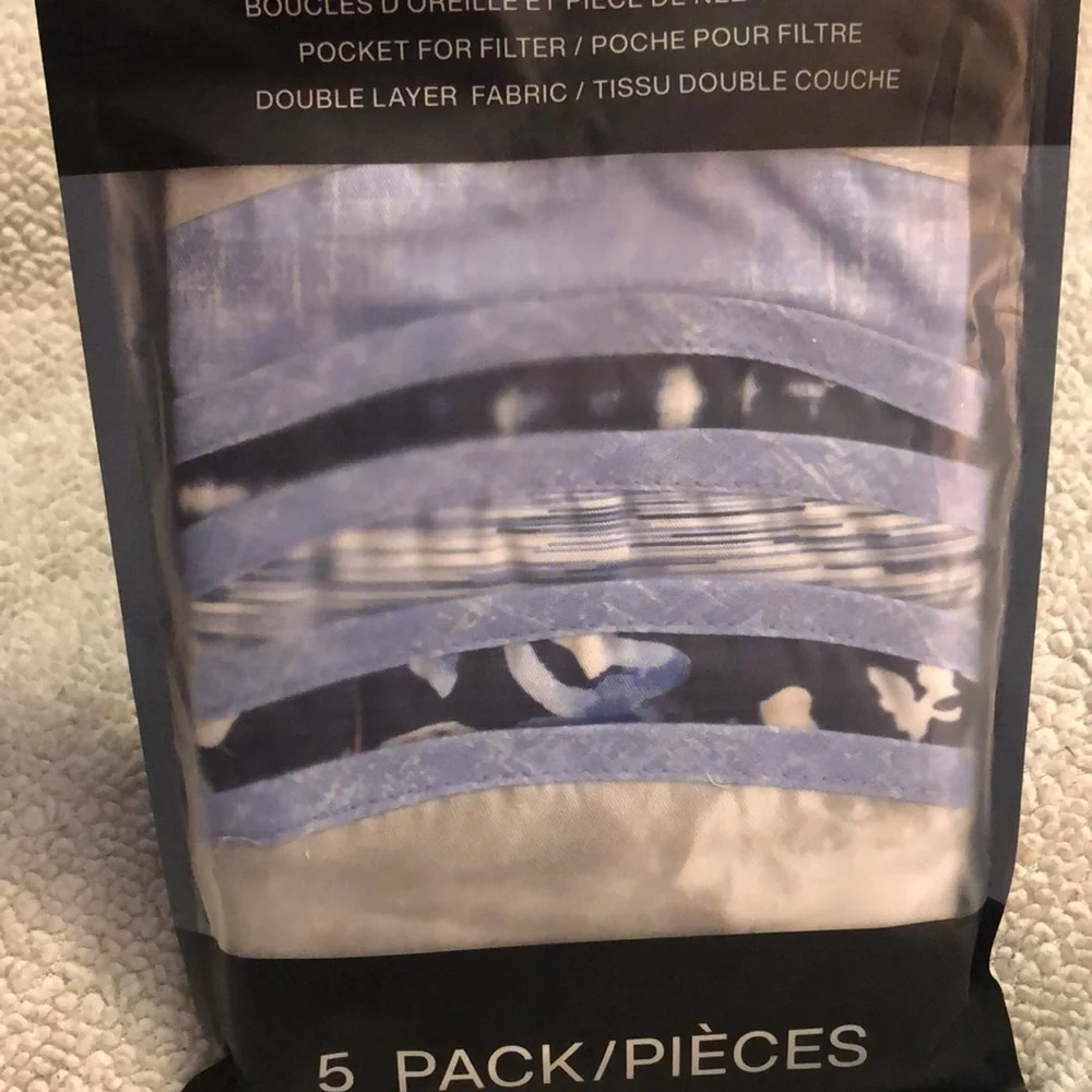 DKNY 5 pack face masks multi designs. Adjustable ear loops/nose piece. NWT